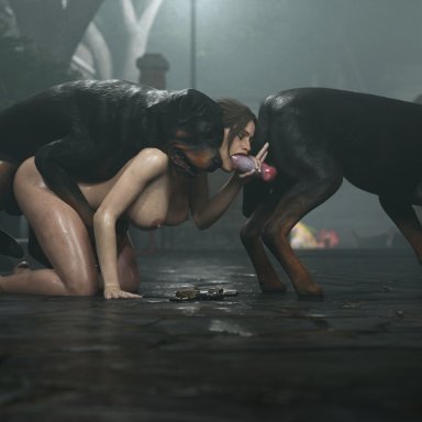 resident evil, resident evil 2, resident evil 2 remake, claire redfield, belethor's smut, 1boy, 2dogs, animal, animal genitalia, animal penis, anus, ass, blurry, breasts, canine genitalia