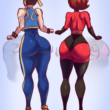 fortnite, fortnite: battle royale, street fighter, the incredibles, chun-li, chun-li (fortnite), elastigirl, helen parr, lokidrawsart, 2girls, ass, ass shake, big ass, big butthole, butt