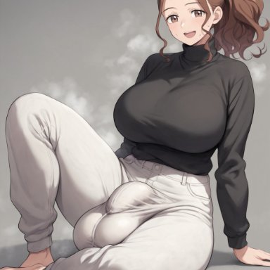 supergetthi, 1futa, balls under clothes, brown eyes, brown hair, bulge, bulge through clothing, futa only, futanari, huge breasts, open mouth, pants, ponytail, sitting, steam