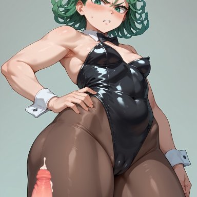 one-punch man, tatsumaki, 1boy, 1girls, angry, angry face, blush, bow tie, bowtie, bunny ears, bunny girl, bunnysuit, cameltoe, clothed, clothed female