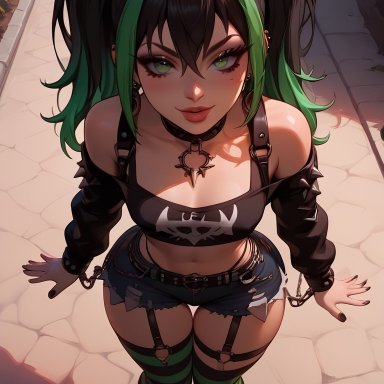 chloe (almighty descent), oc, original character, almighty descent, 1girls, bare shoulders, black hair, brat, choker, collar, earrings, green eyes, green hair, long hair, looking at viewer