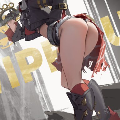 zenless zone zero, luciana de montefio, 1girls, ass, bent over, blonde hair, boots, club (weapon), helmet, high heel boots, high heels, holding weapon, jacket, leather clothing, leather jacket