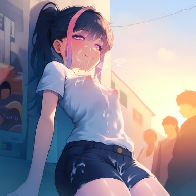 original, original character, izacru0, 1girls, 3others, arched back, bare arms, bare legs, black hair, blush, building, clothed, clothed female, clothing, crowd