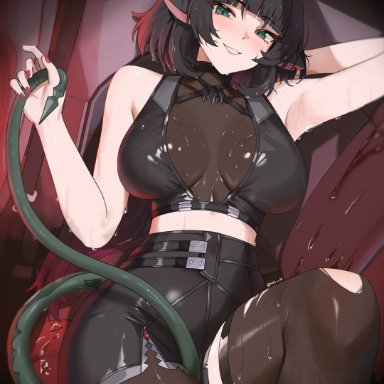 zenless zone zero, jane doe (zenless zone zero), nvl, animal ears, arm up, armpits, bare shoulders, black hair, black pantyhose, black shirt, black shorts, black thighhighs, blush, breasts, couch