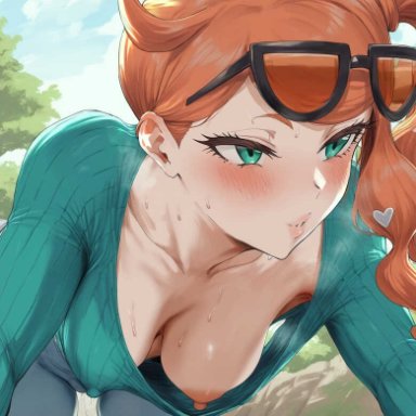 pokemon, pokemon swsh, sonia (pokemon), nyakki, accidental exposure, blush, down blouse, female focus, glasses, glasses on head, green eyes, hanging breasts, large breasts, long hair, no bra