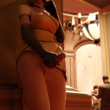 overwatch, overwatch 2, mercy, undead h34d, blonde hair, blue eyes, futanari, gloves, masturbation, public, stealth masturbation, 3d, 3d (artwork), blender, blender (software)