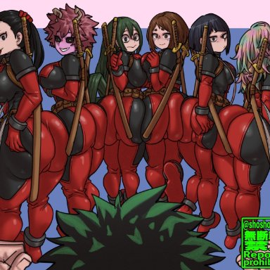 boku no hero academia, my hero academia, character request, deadpool (cosplay), izuku midoriya, kyoka jiro, mina ashido, momo yaoyorozu, ochako uraraka, tsuyu asui, shosho oekaki, 1boy, 6+girls, 6girls, ass