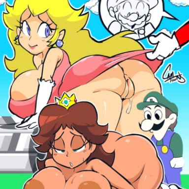 mario (series), nintendo, super mario bros., luigi, mario, princess daisy, princess peach, weegee, camtoons, 2boys, 2girls, all fours, anus, ass, blonde hair