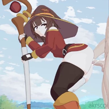 megumin, akrscoi, 1boy, 1girls, ass, asymmetrical legwear, bandaged leg, bandages, bare shoulders, belt, big ass, big butt, black belt, black gloves, black thighhighs