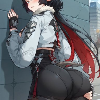 zenless zone zero, jane doe (zenless zone zero), mobart, ass, ass focus, back view, black hair, black shorts, blush, booty, female, grabbing ass, hand on wall, looking back, looking back at viewer