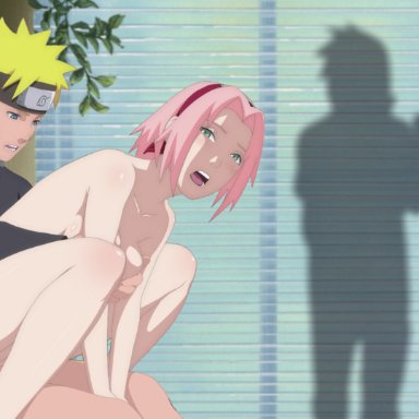 naruto, naruto (series), naruto shippuden, naruto: road to ninja, sakura haruno, sasuke uchiha, uzumaki naruto, 1girls, 2boys, bedroom, blonde hair, blue eyes, bottomless, bottomless male, breast grab