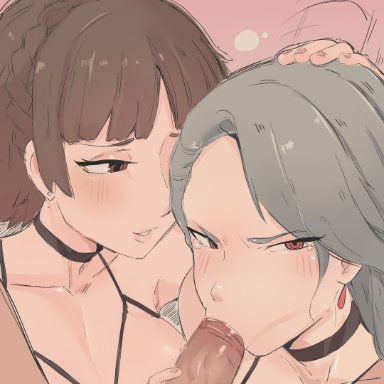 persona, persona 5, makoto niijima, sae niijima, cafin, :&gt;=, 2girls, black choker, blush, braid, brown eyes, brown hair, choker, collarbone, crown braid