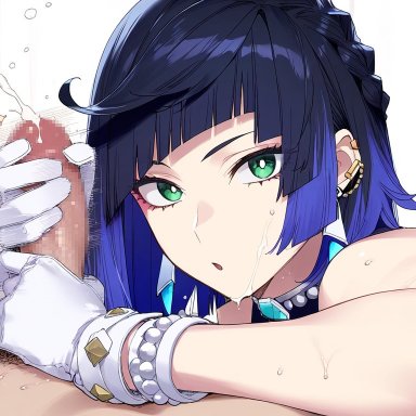 genshin impact, yelan (genshin impact), artist request, 1boy, 1girls, assertive female, black hair, blue hair, both hands on cock, cfnm, close up, clothed female nude male, clothing, cum, cum on face