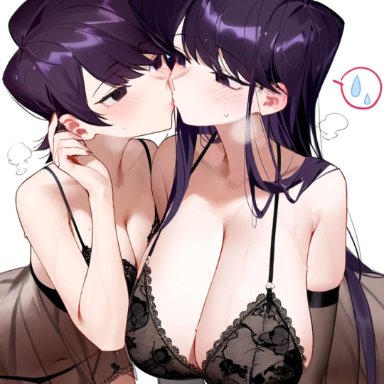 komi-san wa komyushou desu, komi shouko, komi shuuko, blush, cleavage, daughter, incest, kissing, lingerie, long hair, mother, mother and daughter, purple eyes, purple hair, see-through