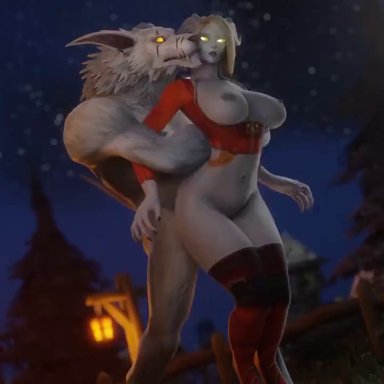 world of warcraft, celne, lightforged draenei, lightforged draenei female, worgen, worgen male, morilymory, bouncing ass, bouncing breasts, golden eyes, heterosexual, horns, interspecies, jiggling thighs, red shirt