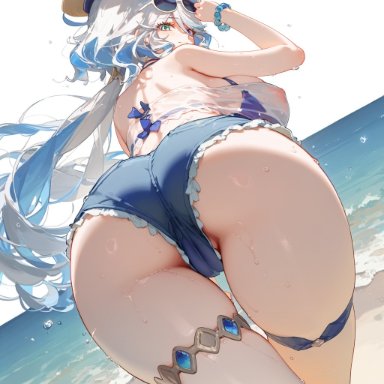 genshin impact, furina (genshin impact), 1girls, areolae, ass, ass focus, beach, big ass, big breasts, blue eyes, blush, breasts, cameltoe, clothing, female