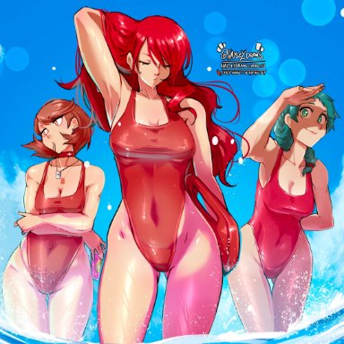 persona, persona 3, mitsuru kirijo, yamagishi fuuka, yukari takeba, haysey draws, 3girls, adjusting hair, aqua eyes, aqua hair, arm behind back, baywatch, breasts, choker, closed eyes