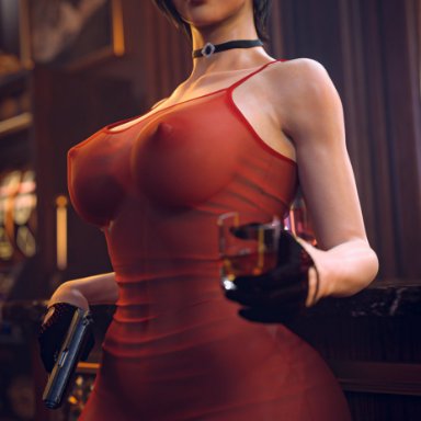 biohazard, resident evil, resident evil 2, resident evil 2 remake, resident evil 4, resident evil 4 remake, ada wong, ada wong (adriana), pillowfun, 1girls, alternate body type, areolae, areolae visible through clothing, big breasts, big hips