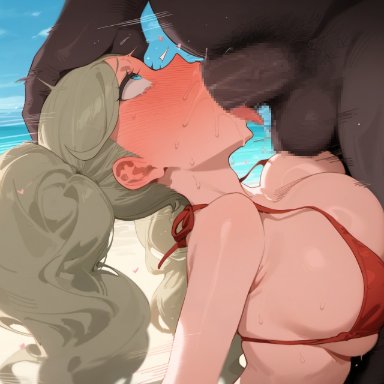 persona, persona 5, persona 5 royal, ann takamaki, jarentr, 1girls, beach, big breasts, big penis, bikini, blonde hair, blowjob, breasts, dark skin, dark-skinned male