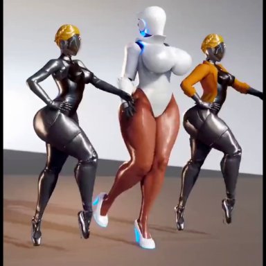 atomic heart, haydee (game), haydee, left (atomic heart), right (atomic heart), the twins (atomic heart), prevence, 3girls, ass, ass focus, ass jiggle, ass shake, big ass, butt jiggle, dark-skinned female