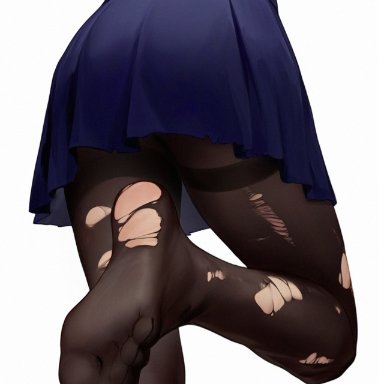 jujutsu kaisen, kugisaki nobara, timruya, ass, belt, black pantyhose, blue jacket, blue skirt, brown belt, feet, female, foot focus, foreshortening, from behind, head out of frame