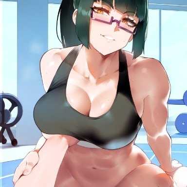 jujutsu kaisen, zenin maki, tittyg-ai, 1boy, 1girls, breast grab, breast lift, cleavage, cowgirl position, glasses, grabbing another's breast, gym, high ponytail, large breasts, looking pleasured