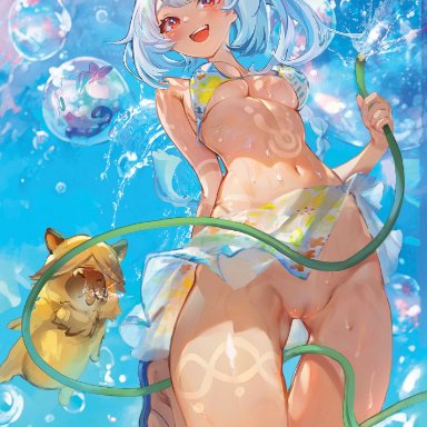 genshin impact, mualani (genshin impact), bikini, bikini top only, blue hair, blue sky, blush, body markings, braid, breasts, bubble, capybara, dark skin, dark-skinned female, day