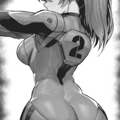 gainax, neon genesis evangelion, asuka langley sohryu, speedl00ver, 1girls, ass, ass grab, back view, big ass, big butt, blush, blushing, fat ass, female, female only