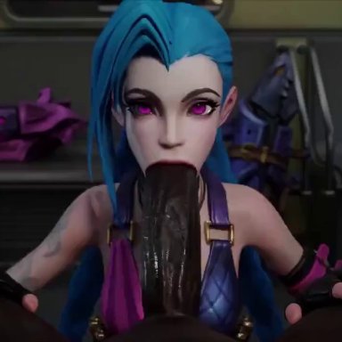 league of legends, league of legends: wild rift, riot games, jinx (league of legends), evilaudio, operculum, 1boy, 1boy1girl, 1girls, absurdly large cock, big penis, blue hair, braided twintails, clothed, cute