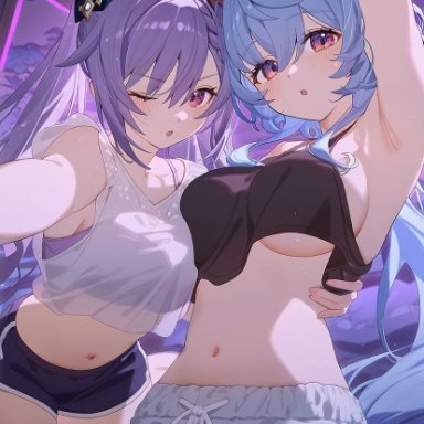 genshin impact, hoyoverse, ganyu (genshin impact), keqing (genshin impact), sidious (artist), 2girls, blue hair, purple hair, tank top, ai generated