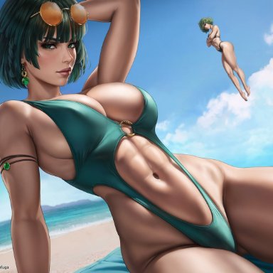 one-punch man, fubuki (one-punch man), tatsumaki, dandon fuga, 2girls, abs, bare arms, bare legs, bare shoulders, bare thighs, beach, big breasts, bikini, bikini bottom, bikini top