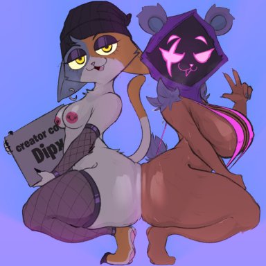 fortnite, meow skulls (fortnite), raven team leader, dipx, 2girls, ass to ass, bubble ass, bubble butt, dark-skinned female, female, female focus, furry, looking at viewer, no humans, one-piece swimsuit