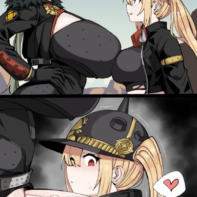 zenless zone zero, caesar king, caesar king (zenless zone zero), luciana de montefio, xipa, 2girls, black gloves, black helmet, black horns, black jacket, blonde hair, breast press, breasts, eye contact, futanari