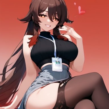 genshin impact, zenless zone zero, hu tao (genshin impact), alternate costume, jane doe (cosplay), office, office lady, seductive, sweater, ai generated