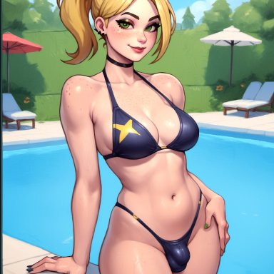 fortnite, fortnite: battle royale, helsie (fortnite), thecoomjurer, bikini, bikini bottom, bikini top, blonde hair, bulge, bulge through clothing, cute, cute face, dickgirl, eyelashes, eyeliner