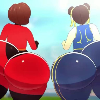 capcom, disney, epic games, fortnite, pixar, street fighter, the incredibles, chun-li, elastigirl, helen parr, amaihellen va, asstronsfw, 2girls, ass, back view