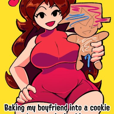 friday night funkin, girlfriend (friday night funkin), bananawithas, big breasts, breasts, brown hair, cookie, female, gingerbread cookie, red dress, skin tight dress, stare, thick thighs, thighs, waist