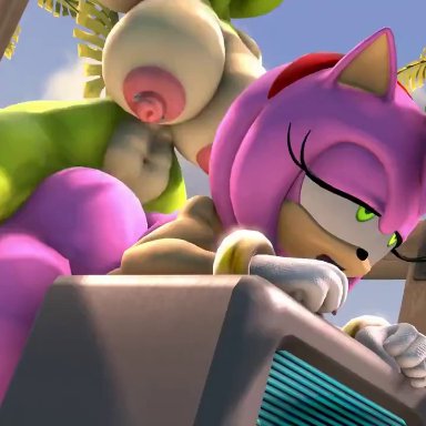 sonic (series), sonic the hedgehog (idw), amy rose, surge the tenrec, banganimate, 2futas, abs, anal, anal sex, anthro, ass, balls touching, beach, behind view, bracelet