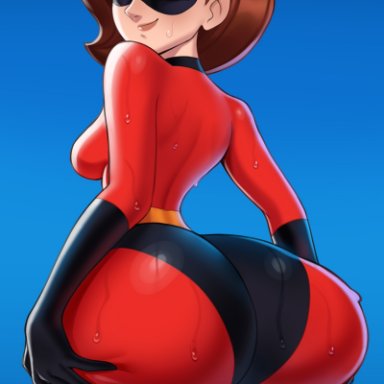 the incredibles, elastigirl, helen parr, idler r, bodysuit, bottom heavy, breasts, butt focus, butt grab, huge ass, huge butt, huge hips, mask, mature, mature female