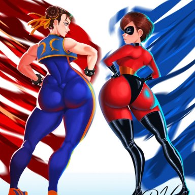 capcom, street fighter, the incredibles, chun-li, elastigirl, elastigirl (fortnite), helen parr, helen parr (fortnite), danhilo, 2girls, ass, black footwear, blue unitard, blue vest, bodysuit