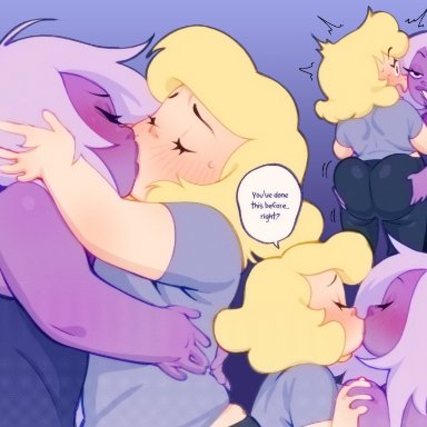 steven universe, amethyst (steven universe), sadie miller, mahmapuu, 2girls, ass grab, blonde hair, chubby, chubby female, female only, grin, hair over one eye, huge ass, kissing, long hair