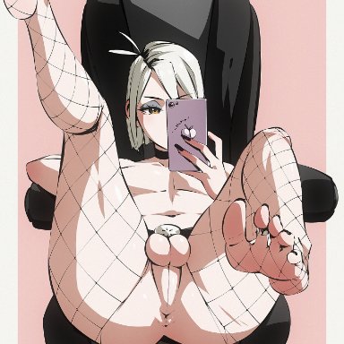 original, flou (character), original character, flou, 1boy, 1femboy, anus, ass, balls, chastity cage, choker, feet, femboy, fishnet legwear, fishnets