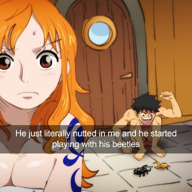 one piece, snapchat, monkey d luffy, nami, shampowrado, 1boy, 1boy1girl, 1girls, after sex, bed, bed sheet, bedroom, beetle, black hair, breasts