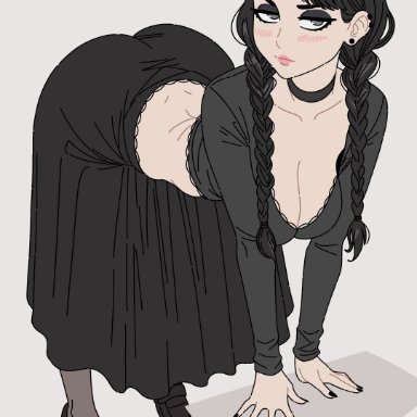 the addams family, wednesday (netflix), wednesday addams, yoradav, 1girl, bedroom eyes, bent over, big ass, big breasts, black hair, black nails, breasts, choker, cleavage, female