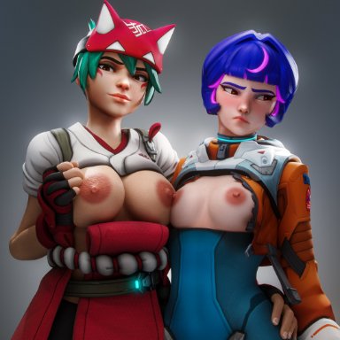 overwatch, overwatch 2, juno (overwatch), kiriko (overwatch), eclair stones, eclairstones, 2girls, breast envy, breast size difference, jealous, medium breasts, medium hair, pale skin, pale-skinned female, pink hair