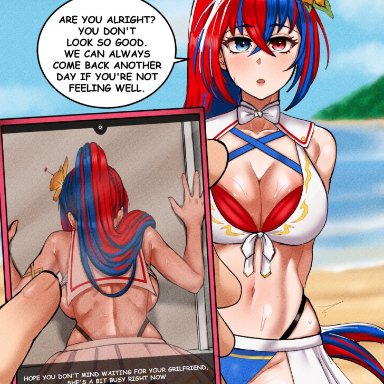 fire emblem, fire emblem engage, nintendo, snapchat, alear (female) (fire emblem), alear (fire emblem), banvart5, 1boy, 1girls, after sex, blue eyes, blue hair, breasts, cheating (relationship), cleavage