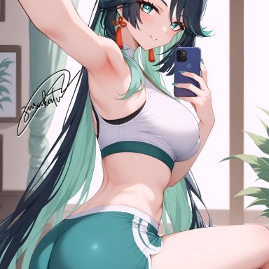 genshin impact, xianyun (genshin impact), alternate costume, ass, bare shoulders, black hair, breasts, bubble butt, buruma, cellphone, female, from behind, green eyes, green hair, long hair