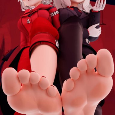 helltaker, beelzebub (helltaker), lucifer (helltaker), 2girls, 5 toes, black toenails, feet, foot fetish, foot focus, giantess, hell, light skin, red eyes, red toenails, smiling at viewer