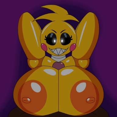 five nights at freddy's, five nights at freddy's 2, fnaf, toy chica (fnaf), tkd, animatronic, anthro on human, big breasts, big penis, boobjob, breasts, dark skin, dark-skinned male, furry female, huge breasts