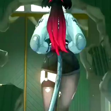 zenless zone zero, jane doe (zenless zone zero), animal ears, ass, ass focus, ass shake, asymmetrical legwear, audible music, black garter straps, black hair, black pantyhose, black thighhighs, boots, bouncing ass, crop top